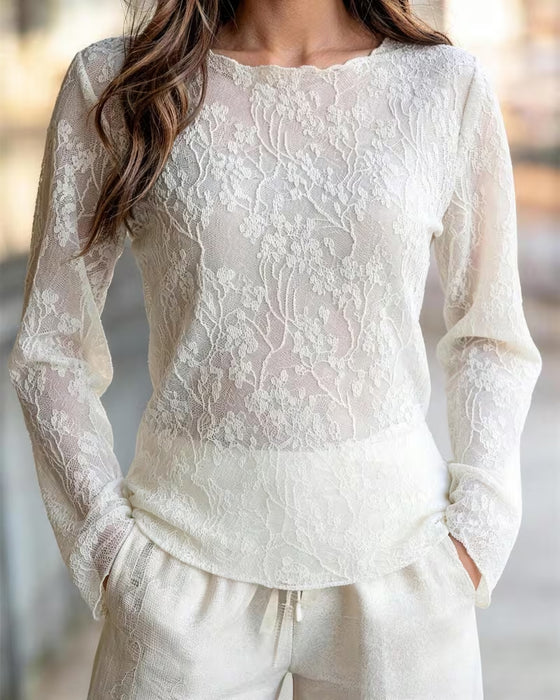 Bluse Rundhals Spitze Sheer Tailliert