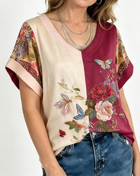 Bluse V-Ausschnitt Asymmetrisch Patchwork Blumen