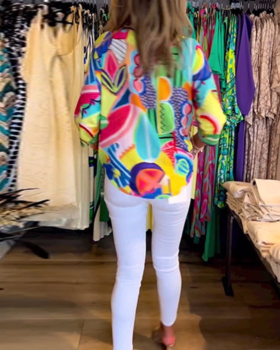 Lose bedruckte Bluse mit langen Ärmeln