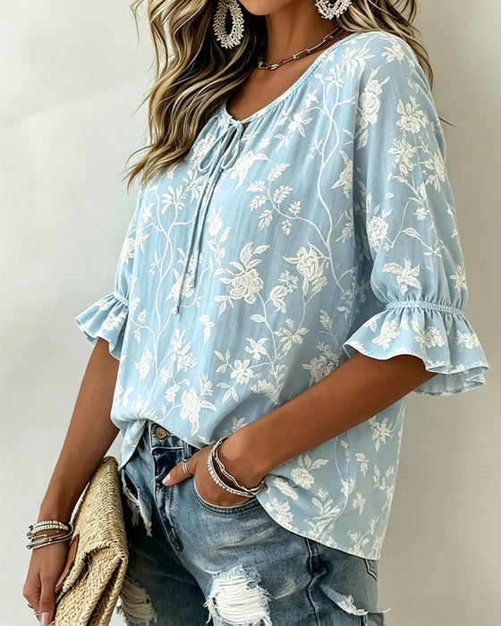 Bluse Bindung Rüsche Print
