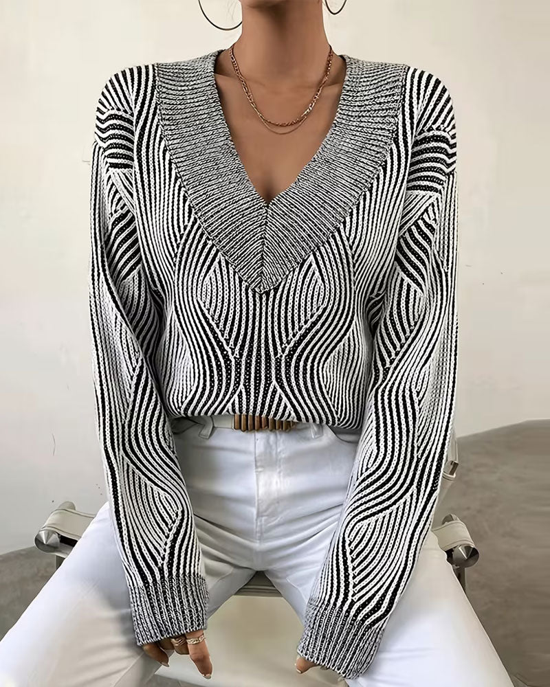 Pullover Geometrisch Gestreift V-Ausschnitt Langarm