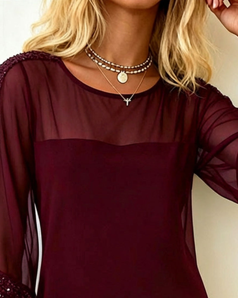 Kleid Glitzer Eingefasst Mesh Rundhalsausschnitt
