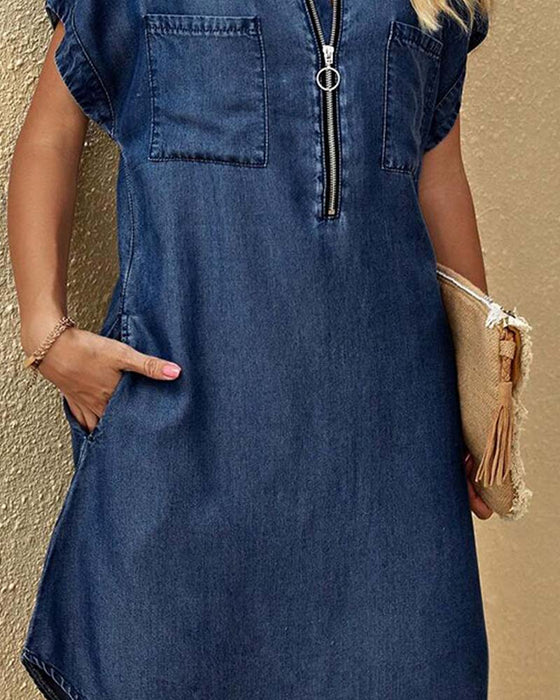 Kleid Reißverschluss Revers Kurzarm Hemd
