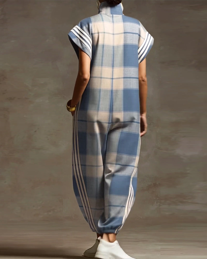 Overall Karo Stehkragen Reißverschluss Locker