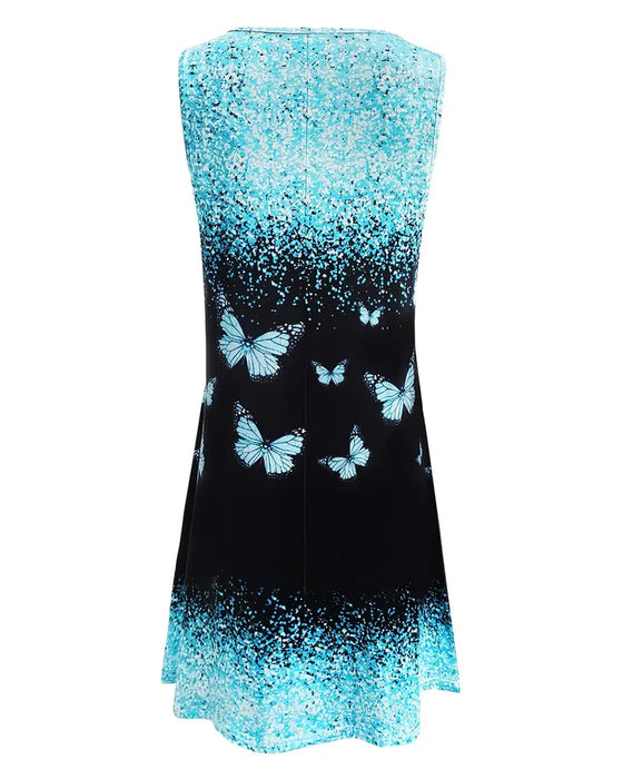 Kleid ärmellos V-Ausschnitt Schmetterlingsdruck