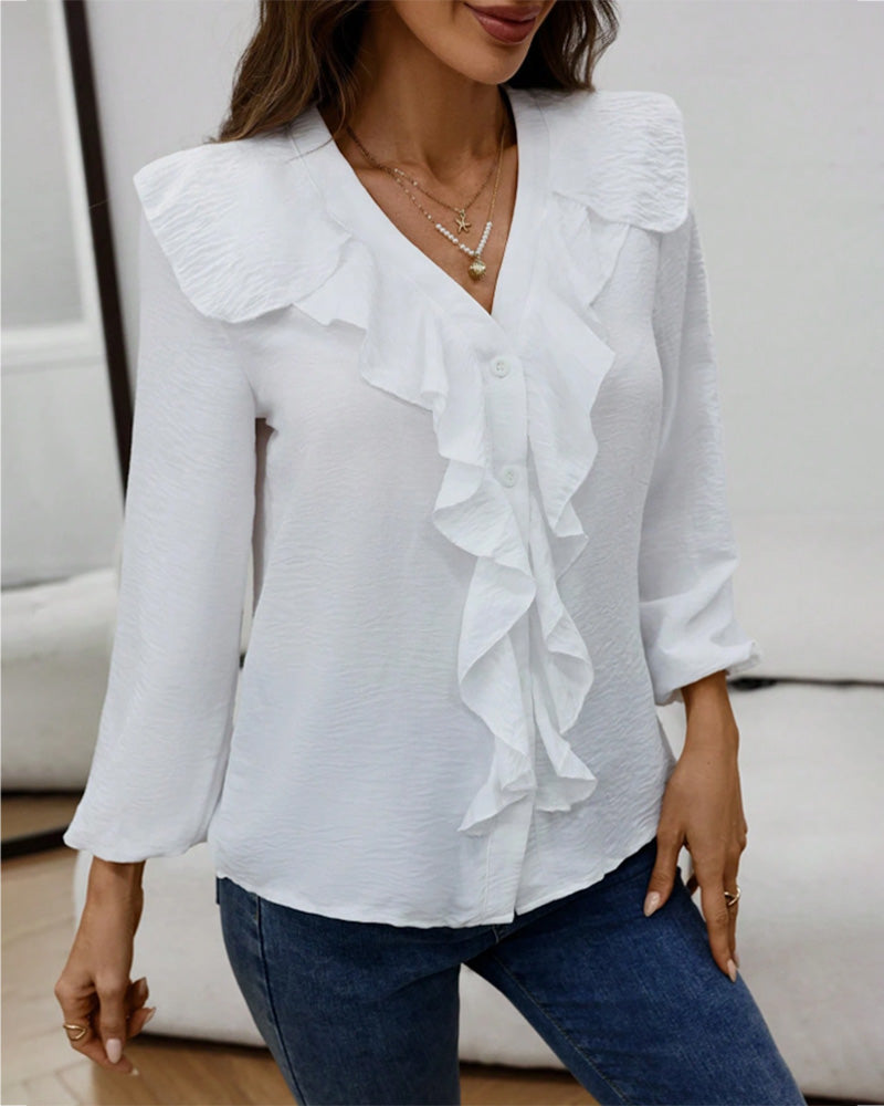 Bluse Rüsche Tief V-Ausschnitt Langarm
