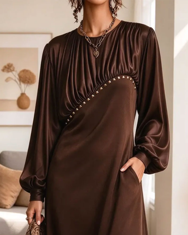 Kleid Rundhals Plissiert Puffärmel Tasche