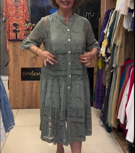 Kleid Stehkragen Spitze Hohl A-Linie