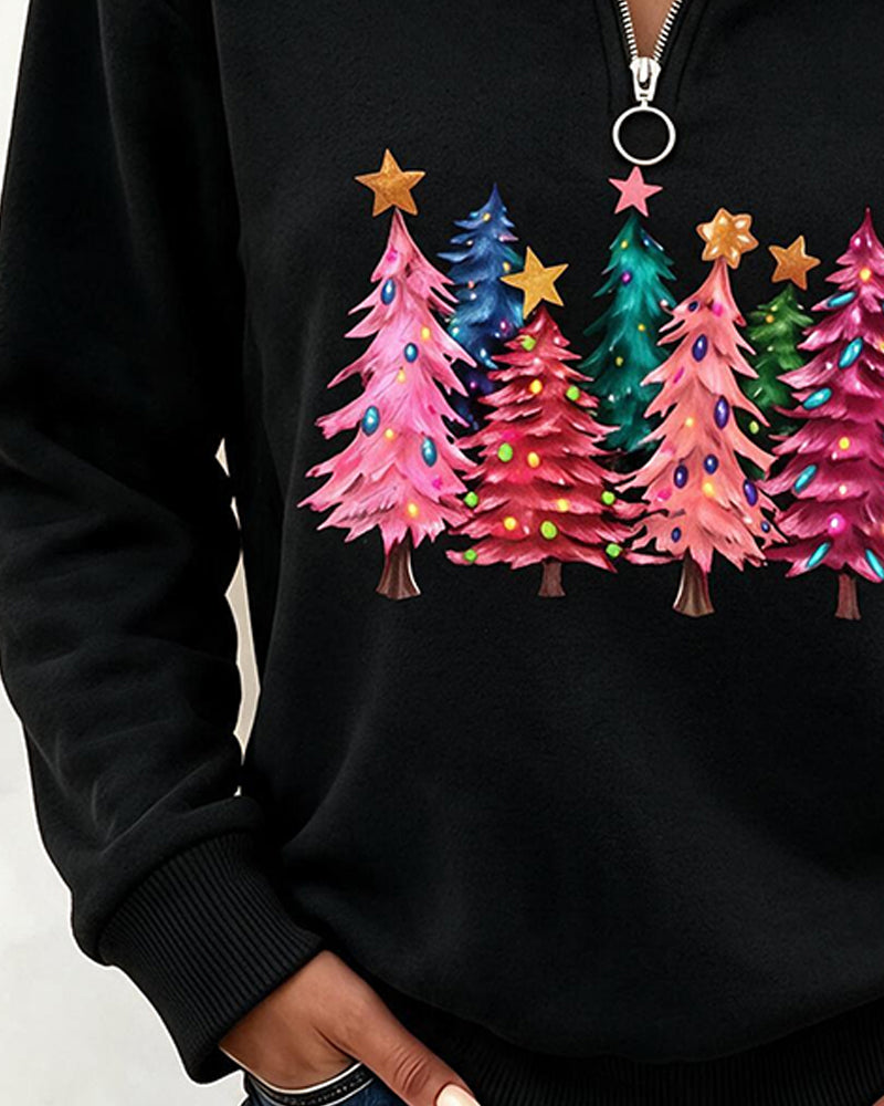 Sweatshirt Halb-Zip Weihnachtsbaum Druck