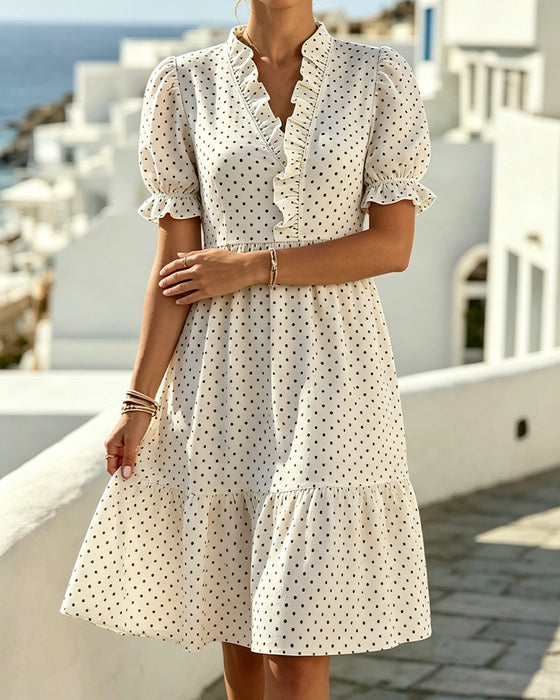 Kleid V-Ausschnitt Spitze Besatz Polka Dot