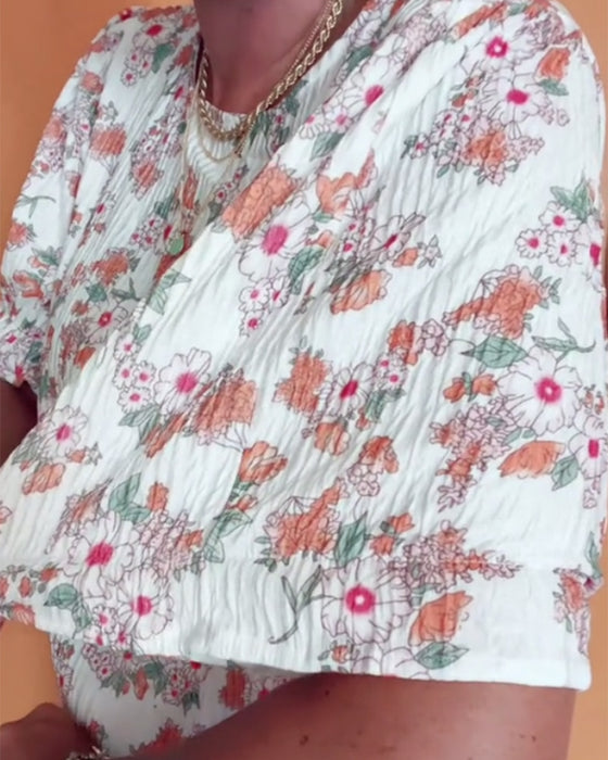 Bluse Rundhals Blumen Kurzarm