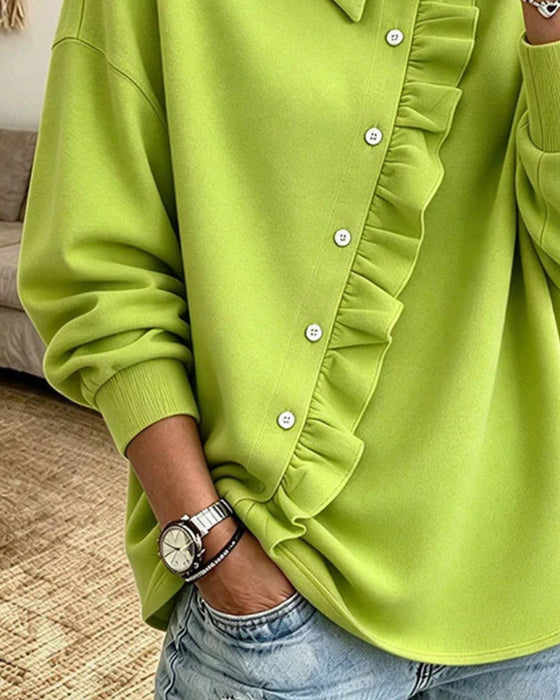 Sweatshirt Revers Rüschen Diagonal Knopf