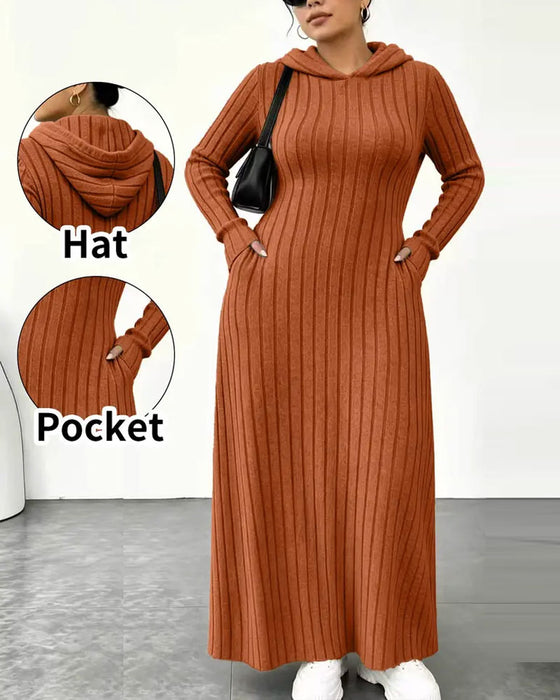 Kleid Kapuze Tasche Rippstrick Eng Anliegend