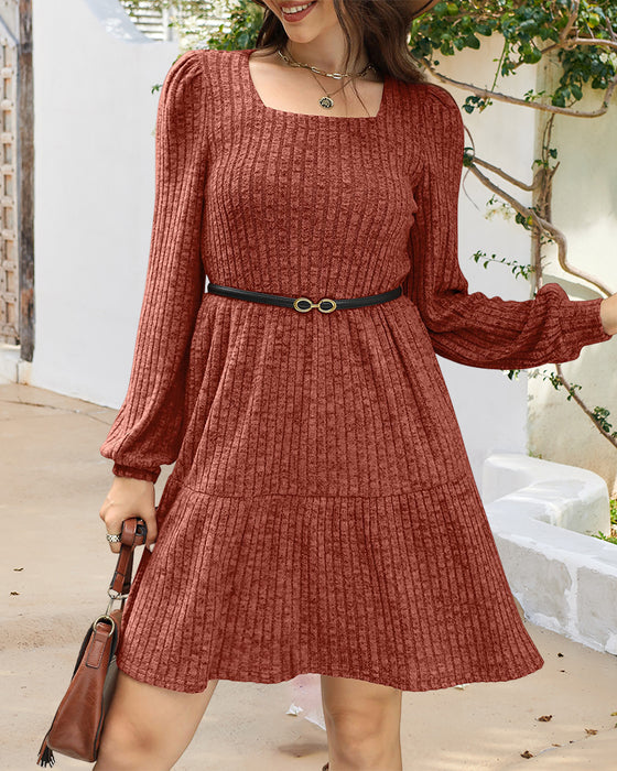 🍂2025 Herbst Neue Kollektion⏰ Damenkleid mit Quadrat-Ausschnitt, Laternenärmeln und Rippstruktur