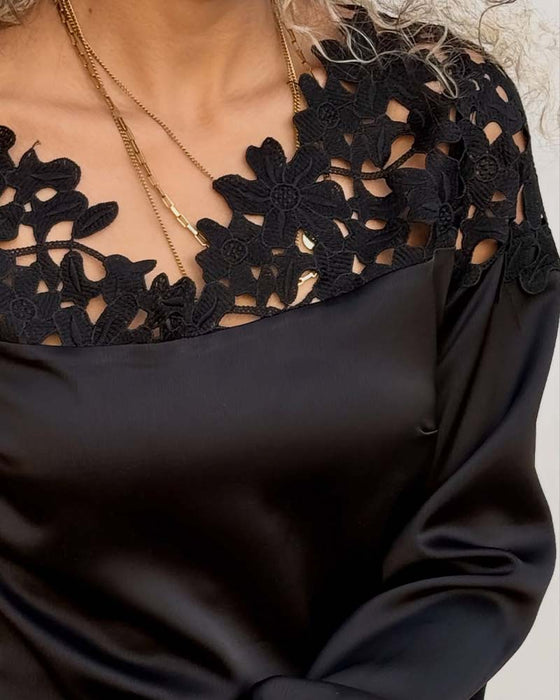 Durchbrochene einfarbige langärmlige Bluse mit Einsätzen