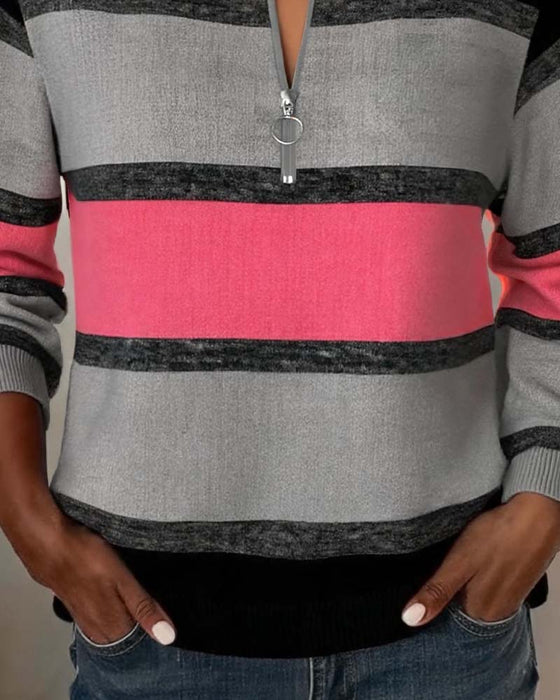 Sweatshirt Reißverschluss Gestreift Langarm