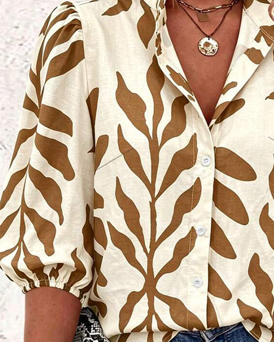 Bluse Stehkragen Blatt Druck
