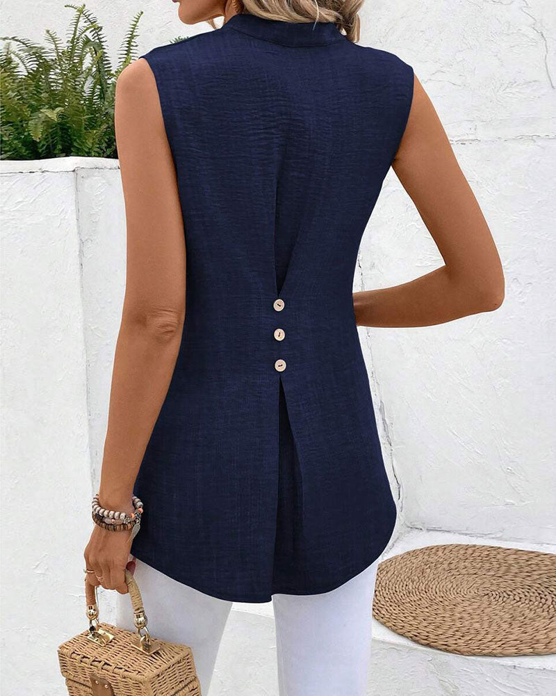 Tanktop Mandarin Kragen Rückseite Schlitz Knopf Ärmellos