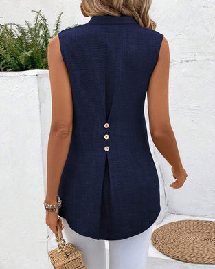 Tanktop Mandarin Kragen Rückseite Schlitz Knopf Ärmellos