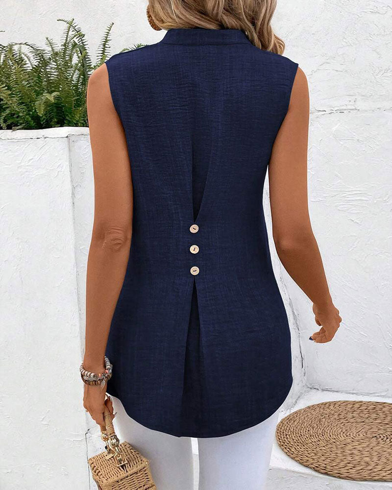 Tanktop Mandarin Kragen Rückseite Schlitz Knopf Ärmellos