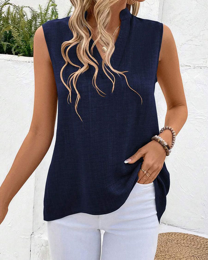 Tanktop Mandarin Kragen Rückseite Schlitz Knopf Ärmellos