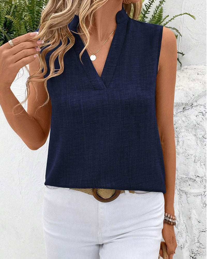 Tanktop Mandarin Kragen Rückseite Schlitz Knopf Ärmellos