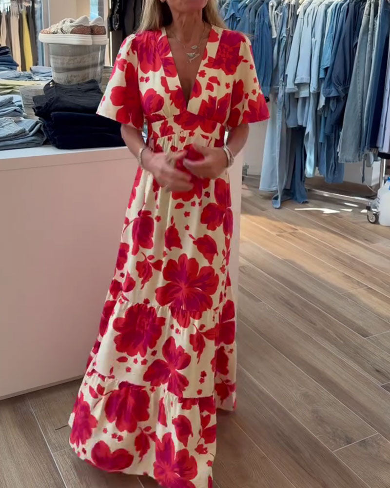 Kleid Tief V Resort Taille Gedruckt