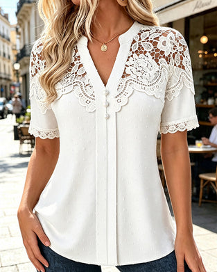 Bluse Spitze Patchwork V-Ausschnitt 3D Blumig