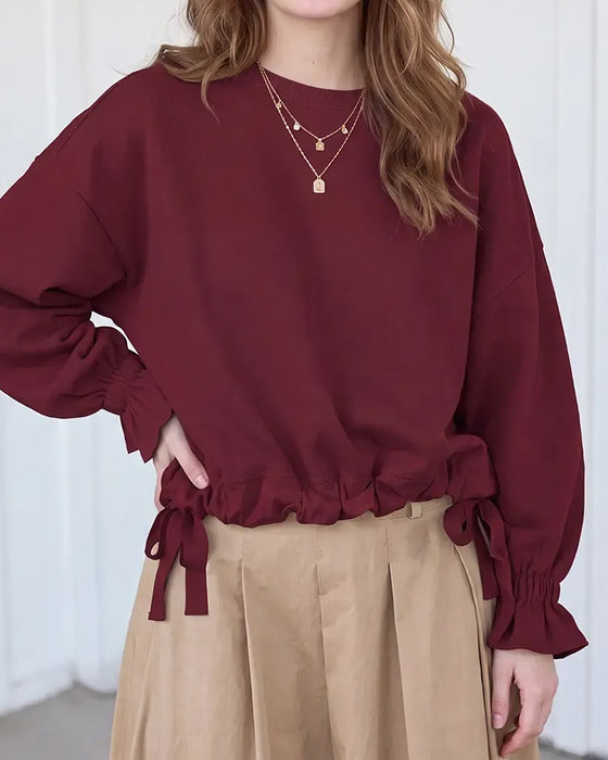 Sweatshirt Rund-Hals Rüsche Binden Elastisch
