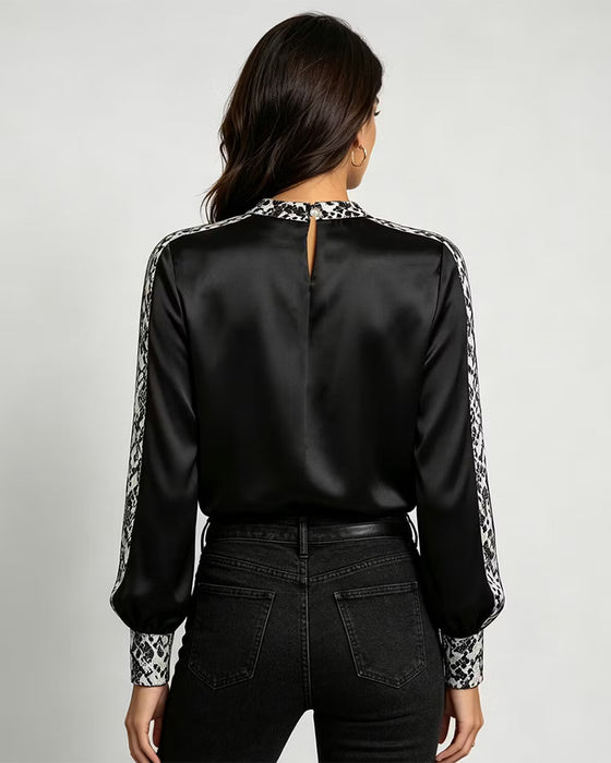 Bluse Rundhals Schlangenmuster Gerafft