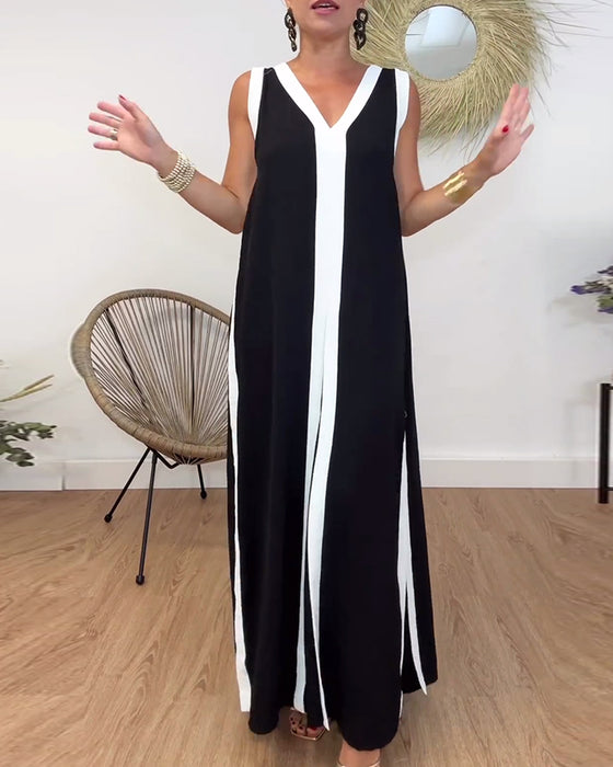 Modisches ärmelloses kleid mit v-ausschnitt und kontrastdruck
