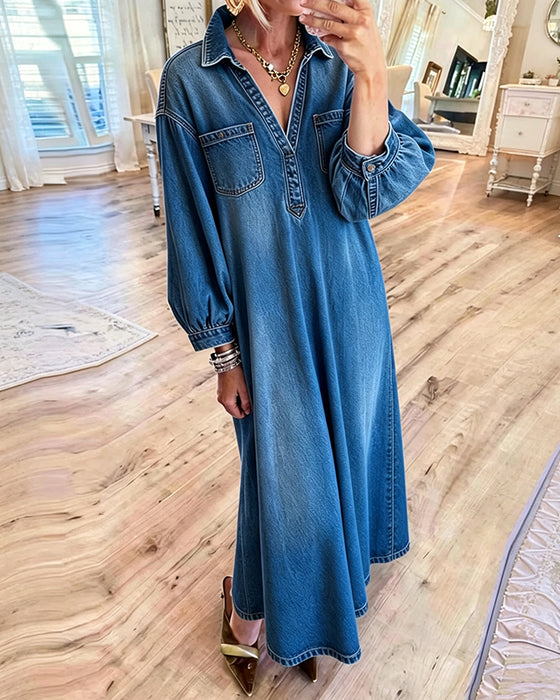 Kleid Denim Hemd Stil Maxi
