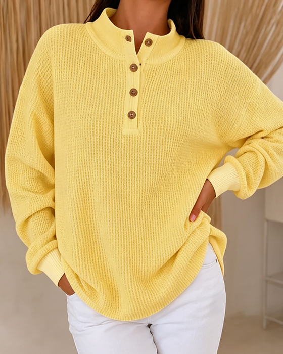 Top Mock Neck Waffel Geknöpft