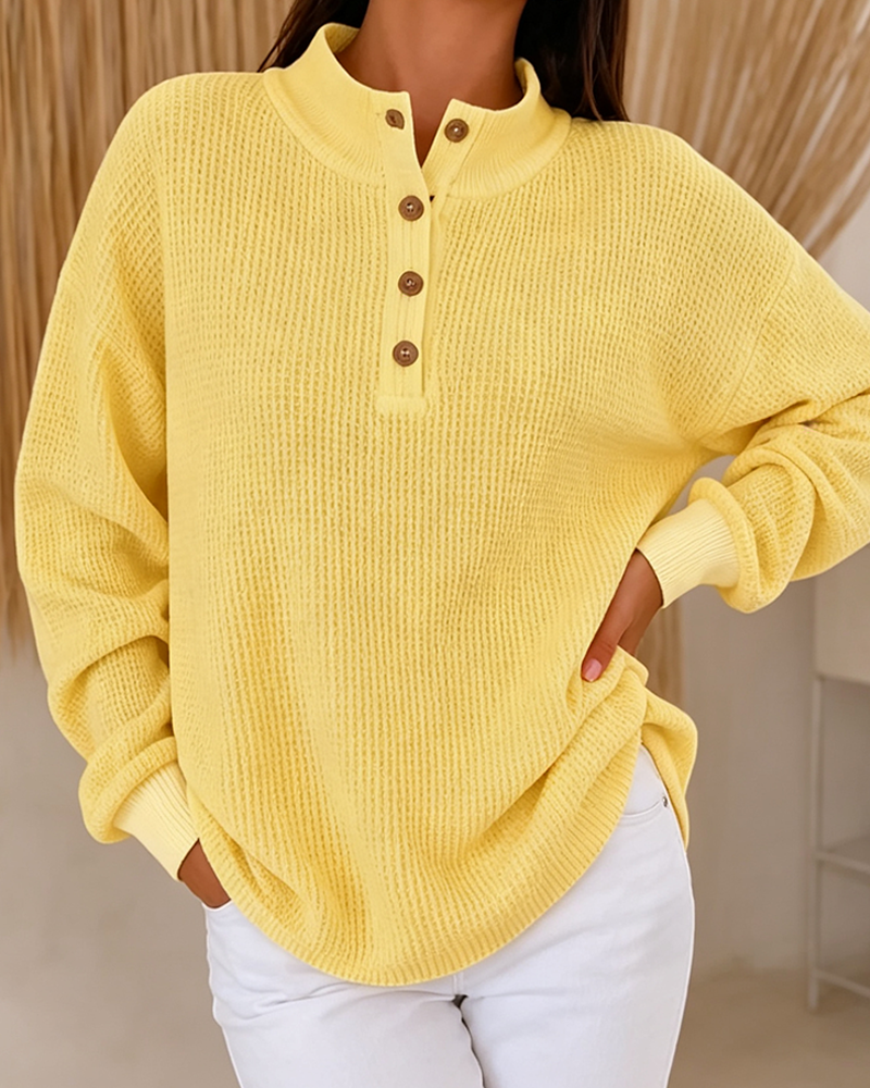 Top Mock Neck Waffel Geknöpft