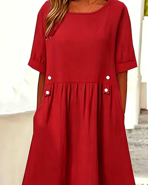 Kleid Rundhals Kurzarm Einfarbig Farbe