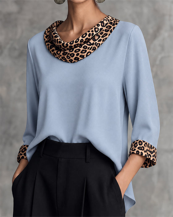 Bluse Leopard Panel Cowl Neck Ellenbogenlang Ärmel