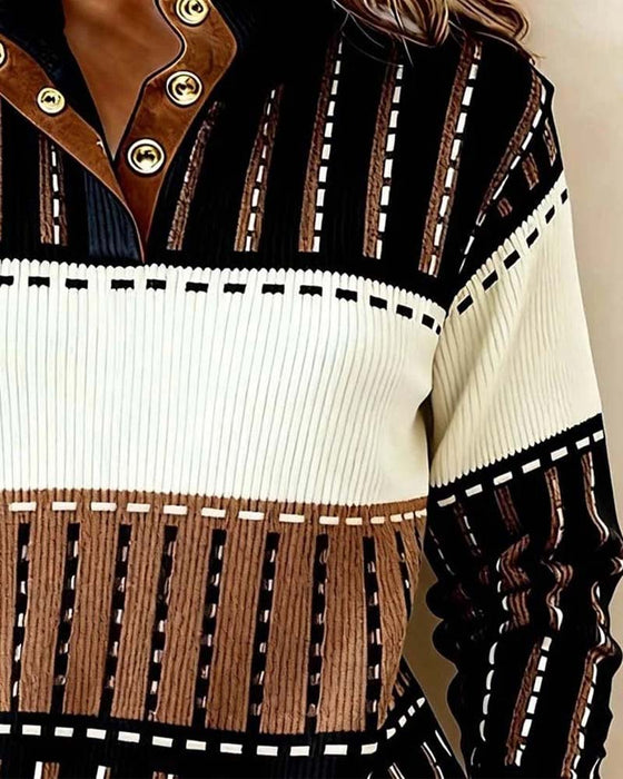 Sweatshirt Knopf Colorblock Gestreift Strukturiert