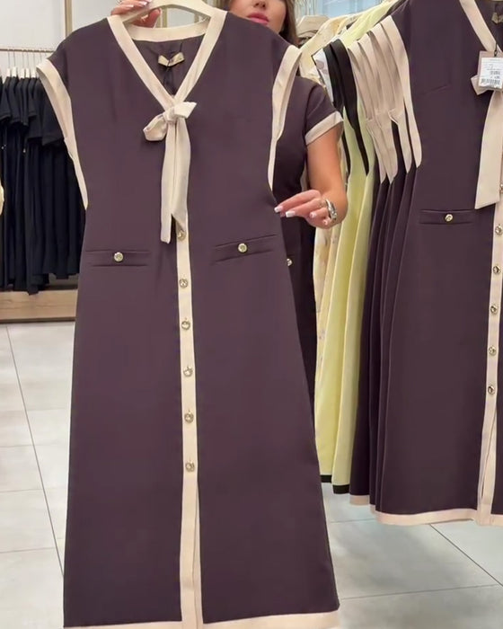 Kleid V-Ausschnitt Schleife Knopf
