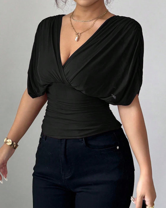 Bluse Uni Farbe Tiefer V-Ausschnitt Taille Kurzarm