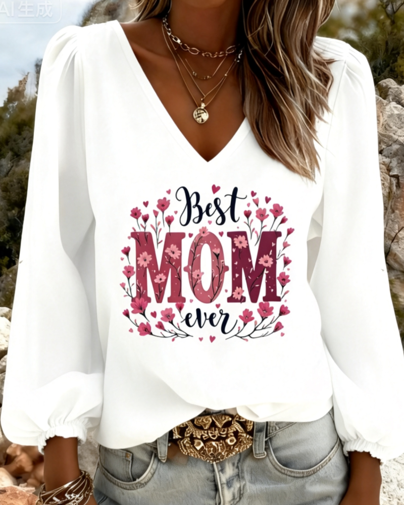 Bluse V-Ausschnitt Laterne Ärmel Druck