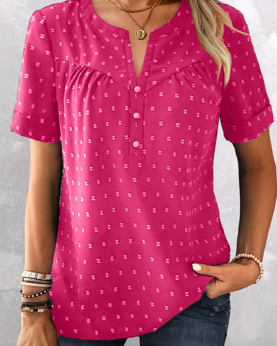 Bluse Jacquard V-Ausschnitt Halbknopfleiste Kurzarm
