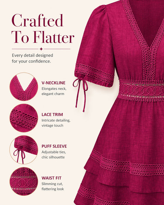 Kleid V-Ausschnitt Gestuft Einfarbig Spitze Patchwork