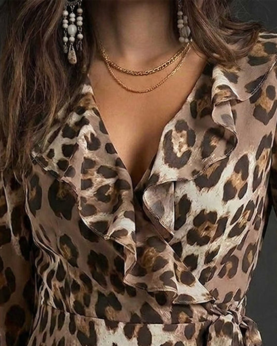 Bluse V-Ausschnitt Rüsche Leopard