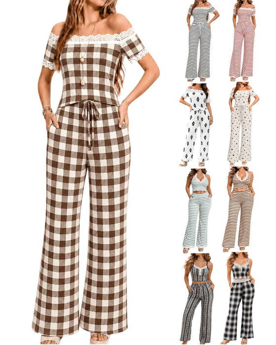Set Off-Shoulder Spitzenbesatz Streifen Breites Bein Hose