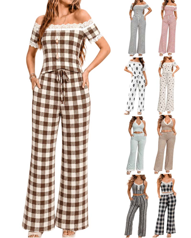 Set Off-Shoulder Spitzenbesatz Streifen Breites Bein Hose