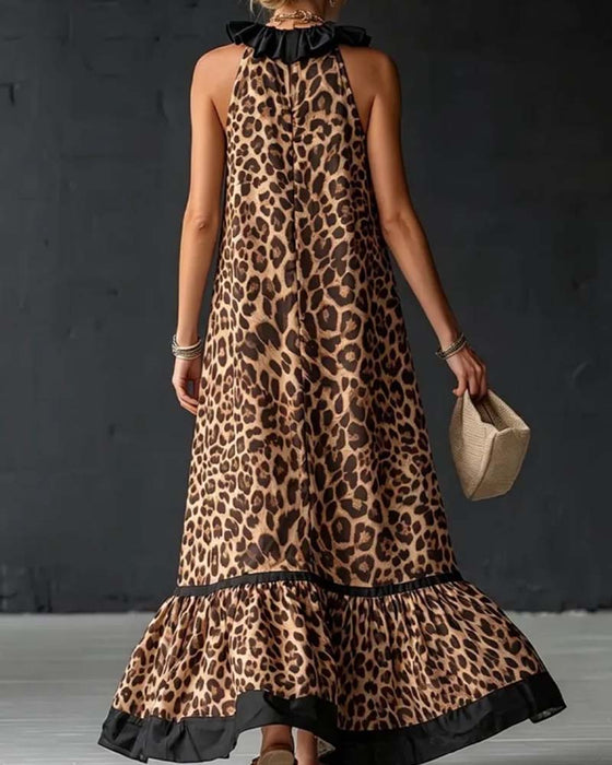 Kleid Ärmellos Rüschen Leopardenmuster
