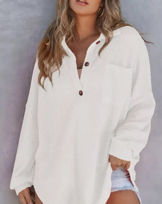 Bluse Unifarben Knopf-Leiste Locker Revers