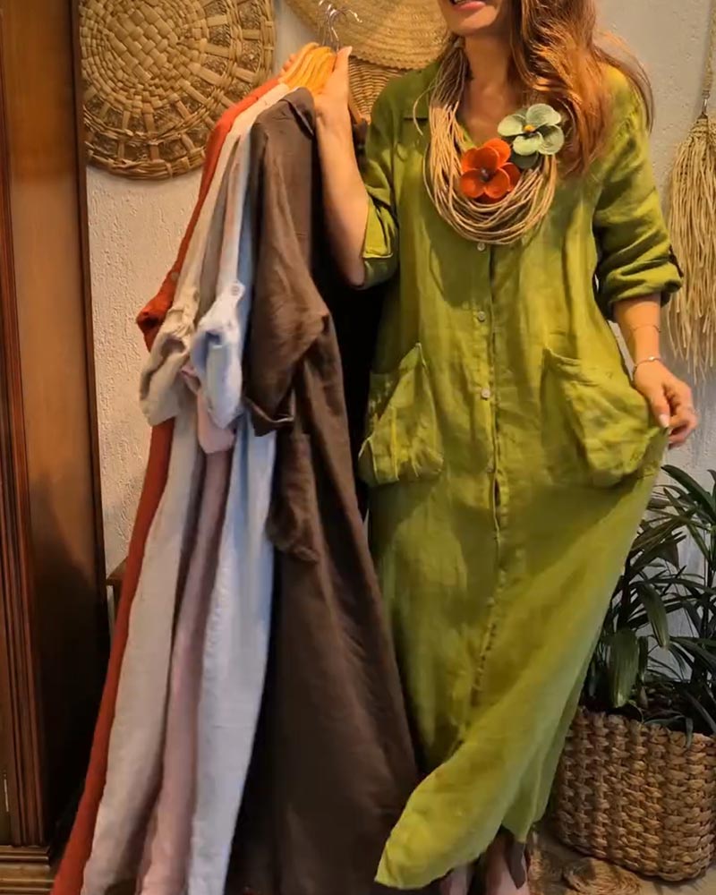 Kleid Tasche Leinen Cardigan Lässig