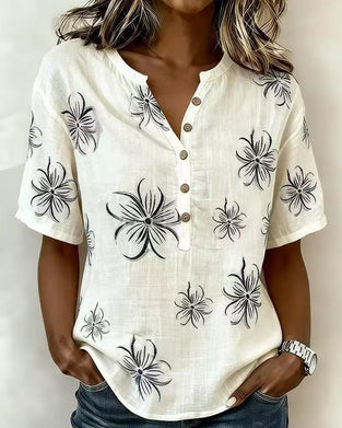 Bluse Rundhals Knopfleiste Blumen Freizeit