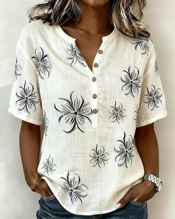Bluse Rundhals Knopfleiste Blumen Freizeit